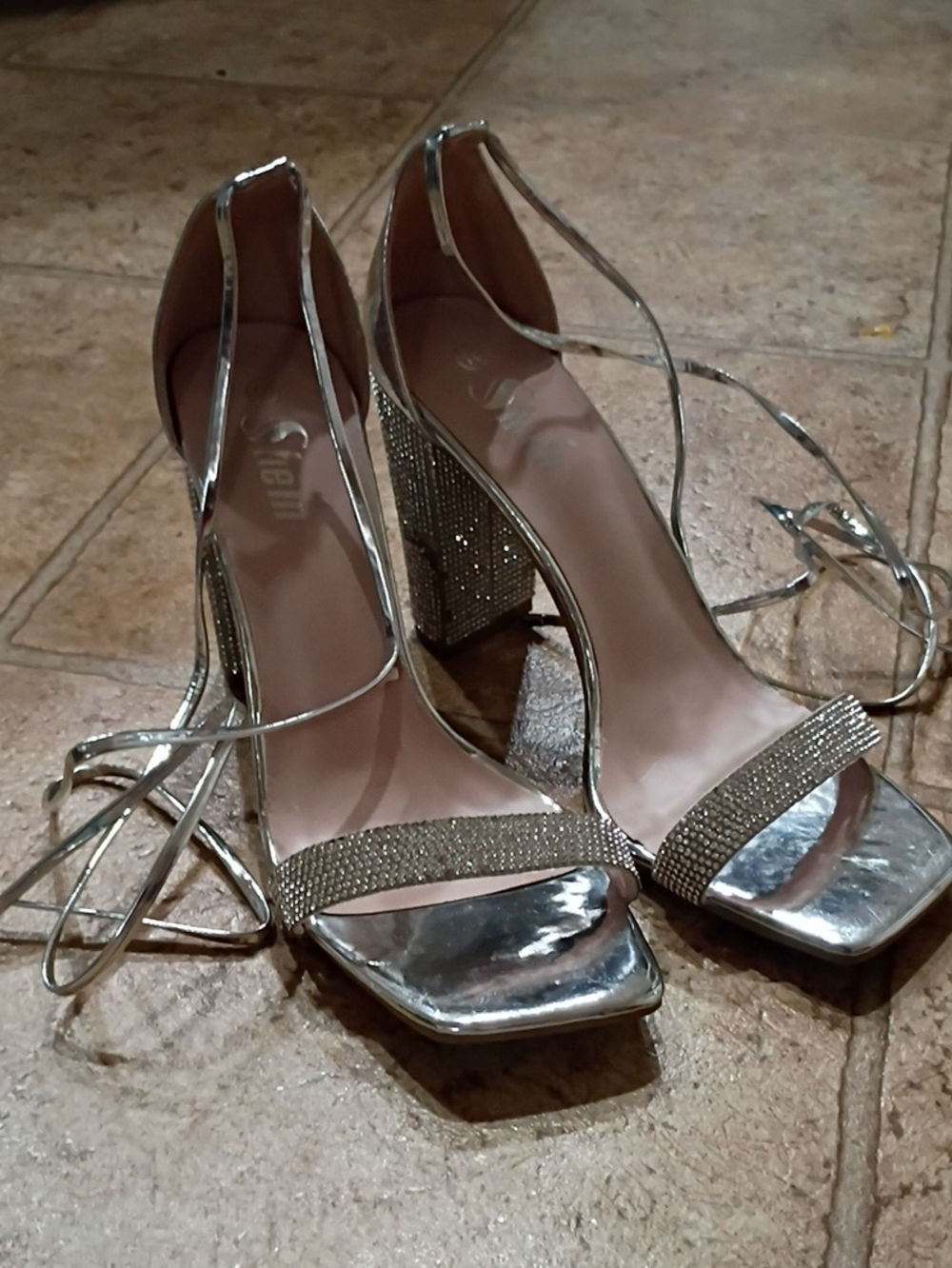 Silver Block Heel Lace-Up Sandals with Rhinestone Toe Strap